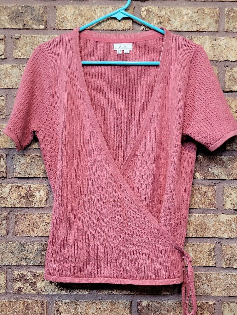 Fat Face Wrap Short Sleeve Knit Top Marled Rose Size 8 Cotton Stretch